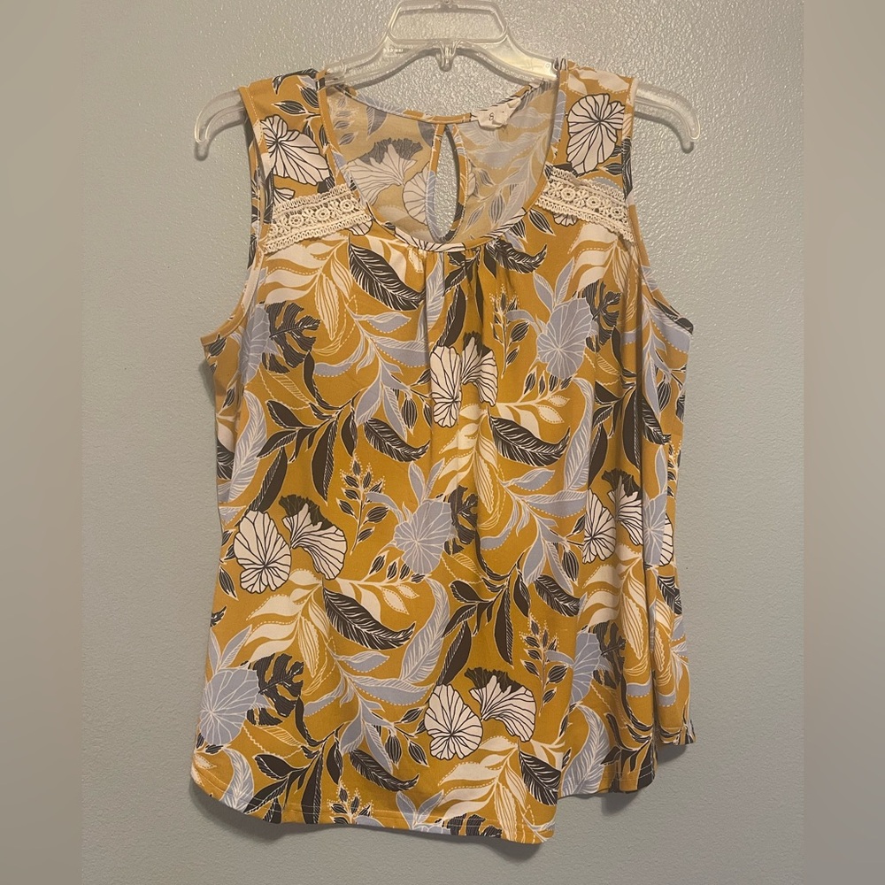 Siren Lily Yellow and Blue Floral Sleeveless Blouse 1X